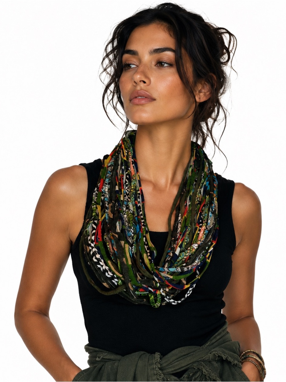 Dona Bela Shreds Upcycled Textile Scarf Necklace Womens Eclectic Art Boho Gypsy